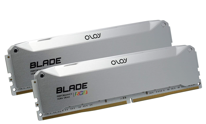 OLOy Blade Aura product image of two grey RAMs featuring black branding.
