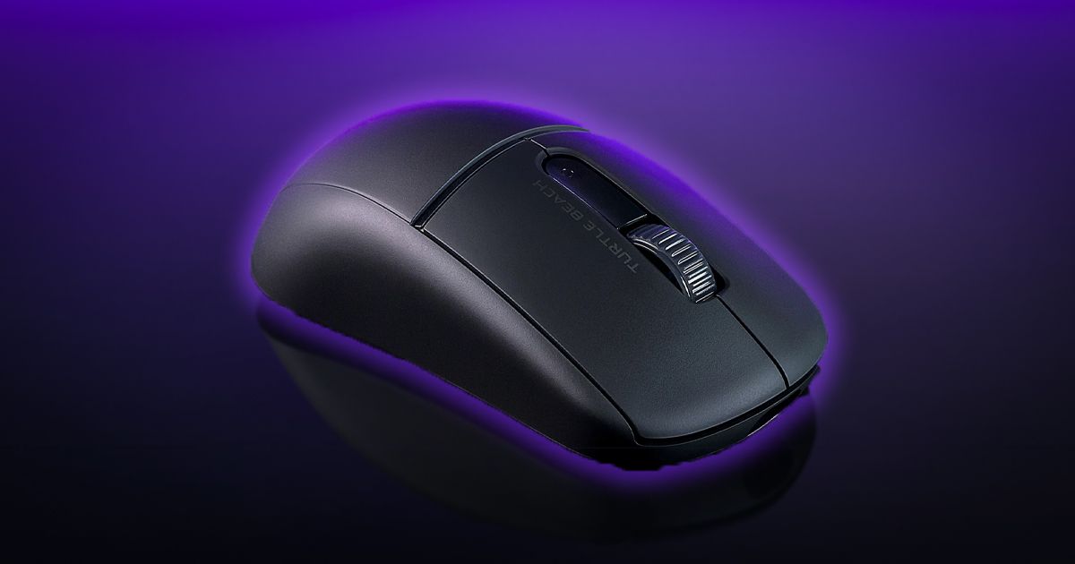 A black wireless gaming mouse with a purple glow around it in front of a darker purple background.