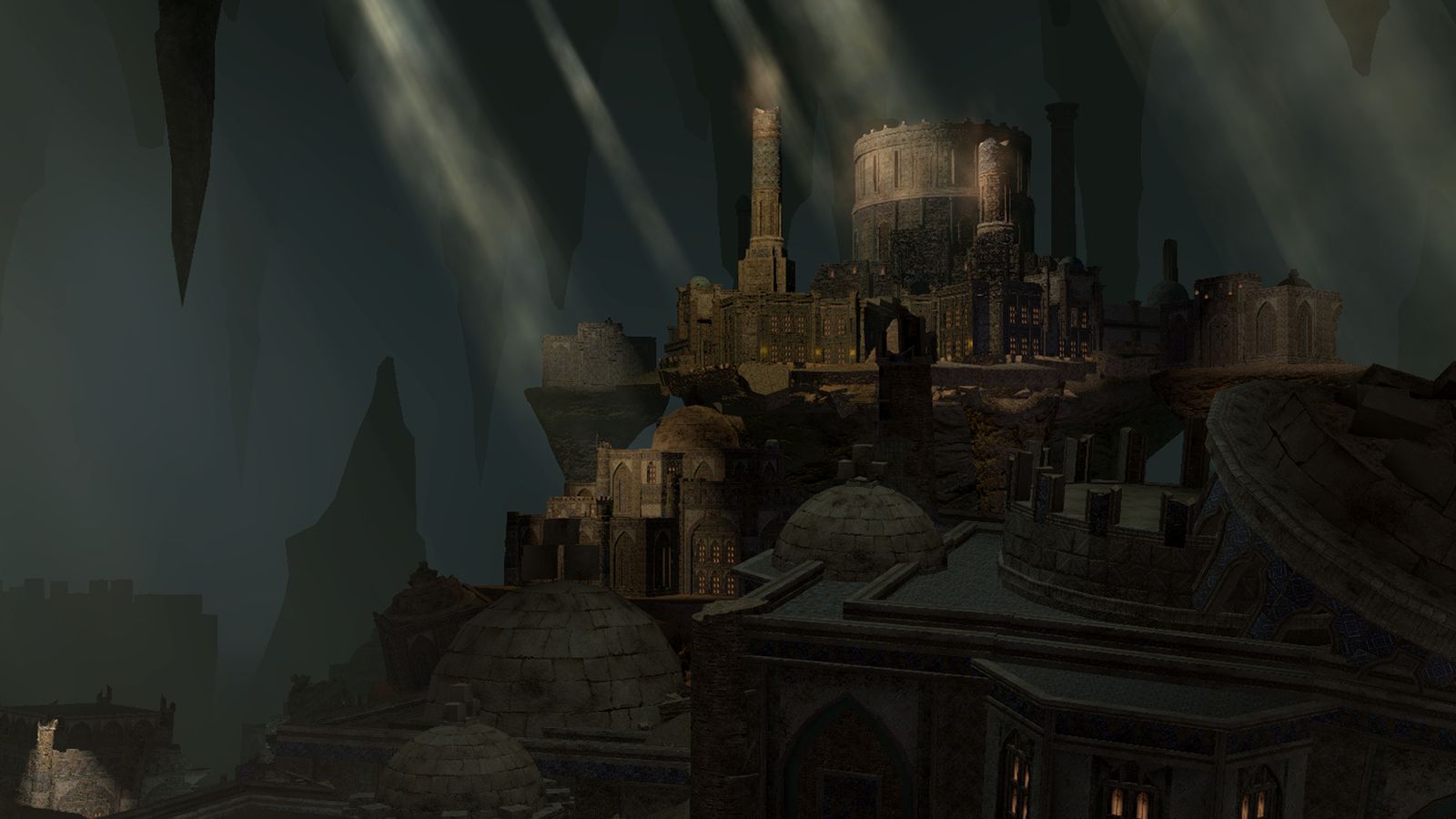 An image of Delubrum Reginae, a duty involved in the Shadowbringers' relic weapon grind. It is a vast, underground castle with massive stalagmites and stalactites in the distance.