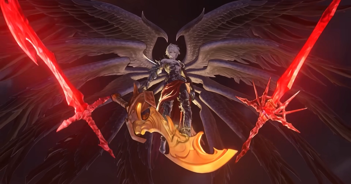 granblue fantasy relink update lucilius boss fight two red swords and orange curved greatsword with angel wings in back