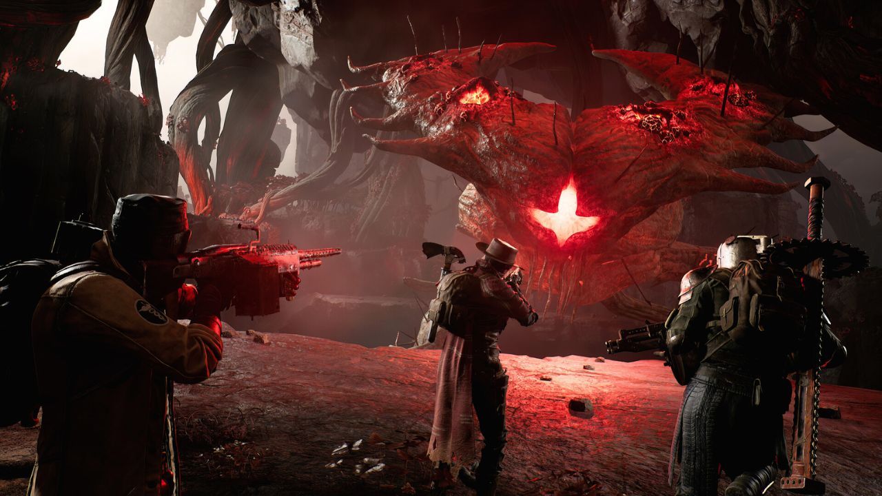 Multiple characters are fighting an unknown creature in Remnant 2.