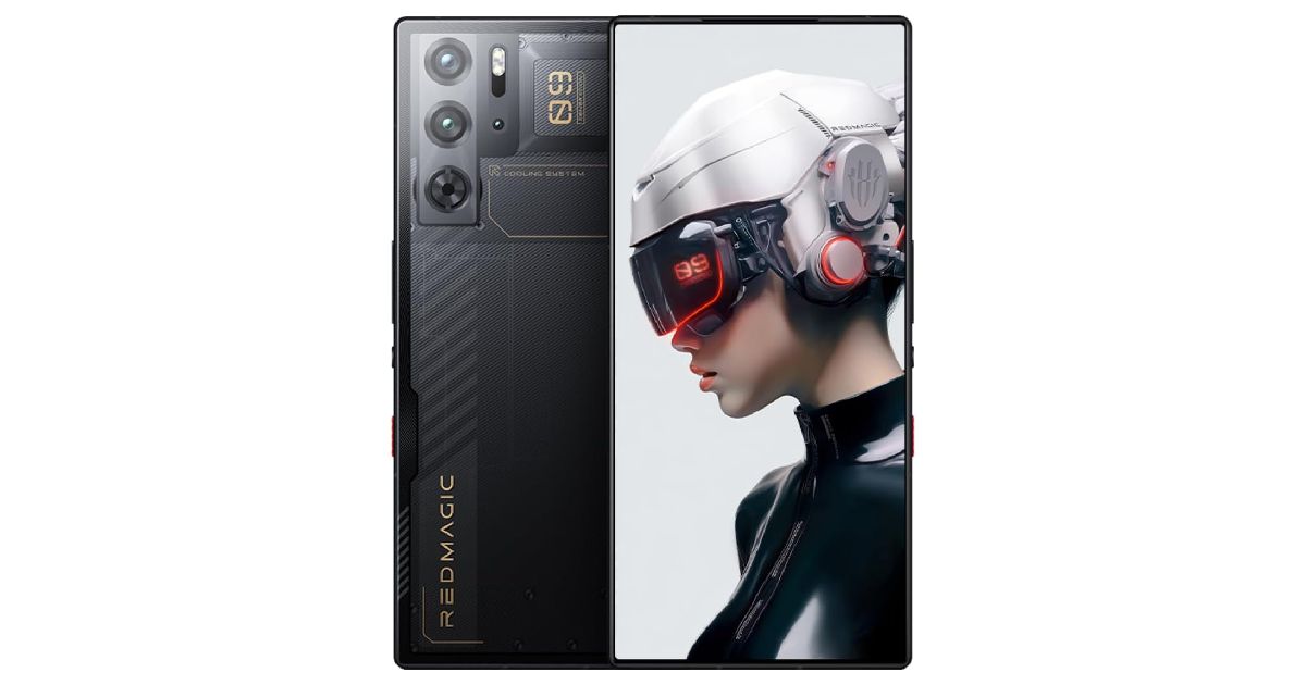 REDMAGIC 9 Pro product image of a black phone featuring gold branding and a realistic cartoon character wearing a silver and black helmet headset with red trim on the display.