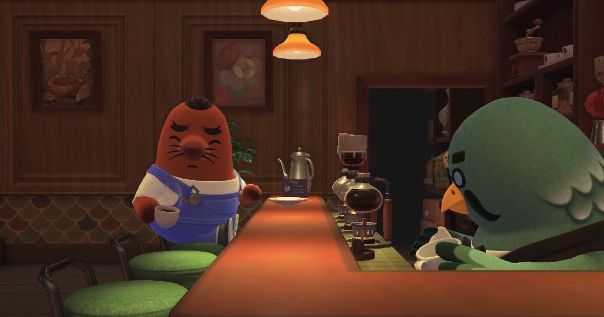 Resetti with Brewster at The Roost in Animal Crossing: New Horizons.