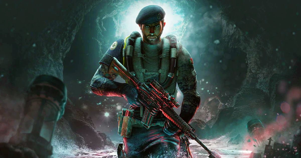 Rainbow 6 Siege: soldier stood in a cave, with water up to his thighs.