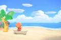 Animal Crossing New Horizons Happy Home Paradise - The player is sitting on a log on the north beach looking out at the sea. Their back is to us, there is a coconut tree on the left and some clouds in the sky.