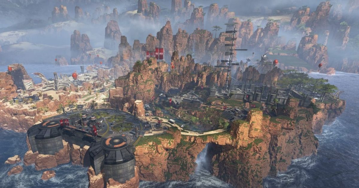 Apex Legends. Kings Canyon map official artwork. The image is a semi-aerial view of Kings Canyon.
