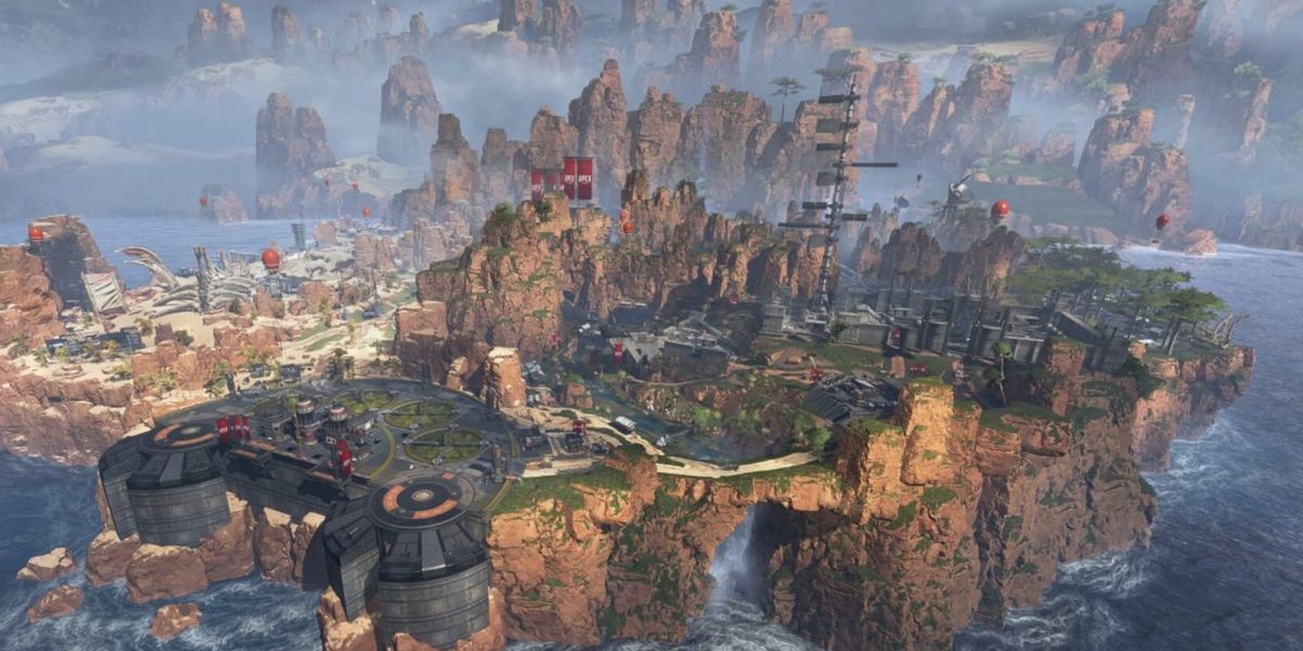 Apex Legends. Kings Canyon map official artwork. The image is a semi-aerial view of Kings Canyon.
