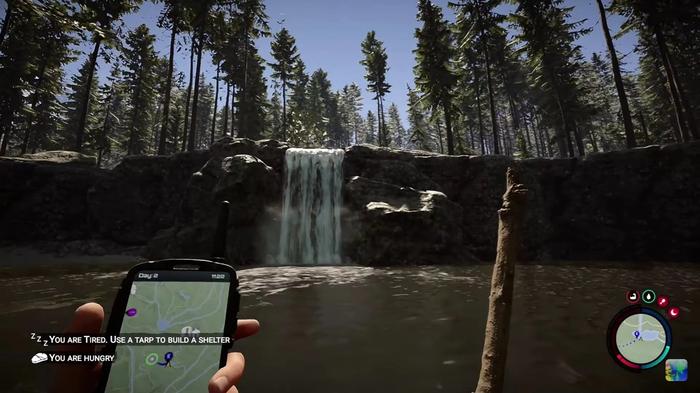 A screenshot of a waterfall and its freshwater source in Sons of the Forest