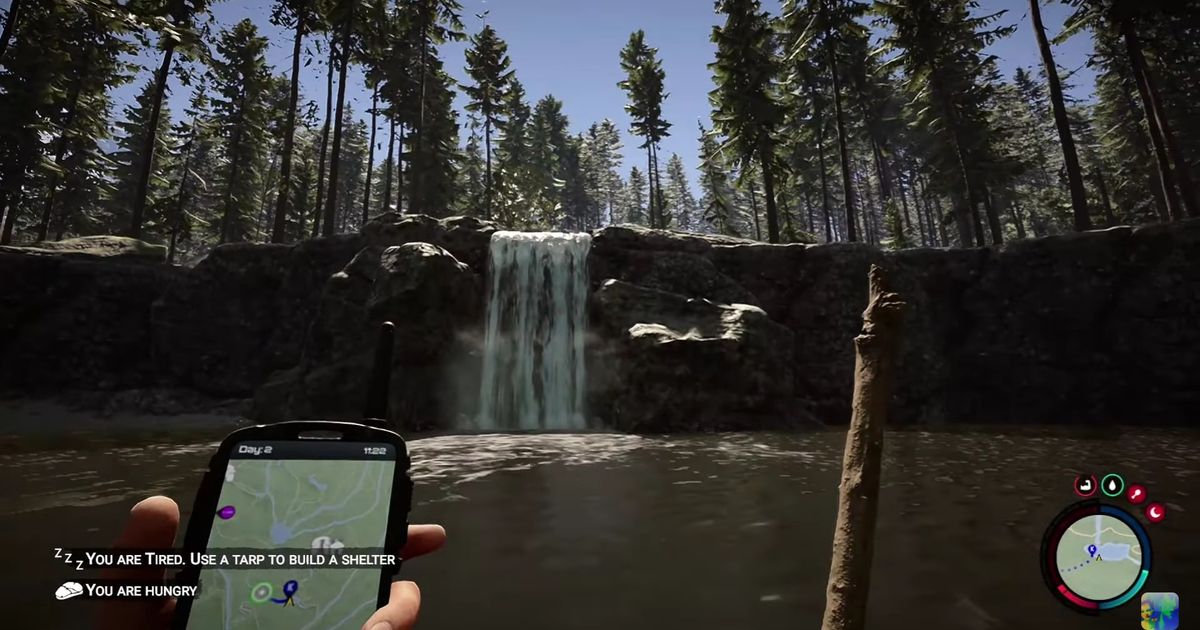 A screenshot of a waterfall and its freshwater source in Sons of the Forest