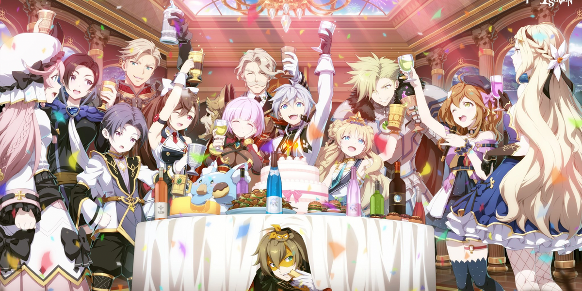 Screenshot from Epic Seven, showing a crowd of anime characters at a party
