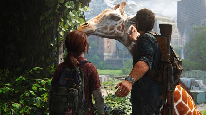Joel and Ellie petting a wild giraffe in The Last of Us.