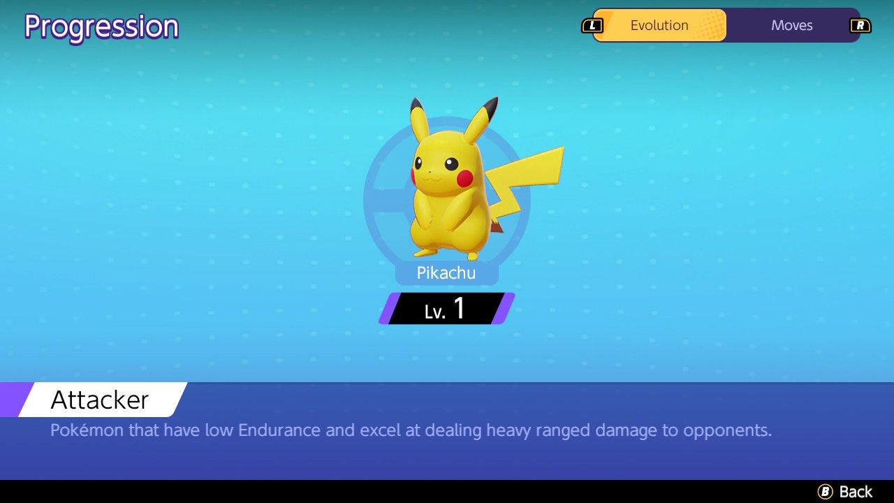 The progression page showing at what level Pokémon Unite Pikachu evolves.