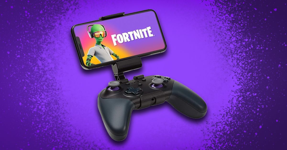 A black controller with a phone clipped to the back of it with Fortnite on the display, featuring a green alien character in orange glasses.