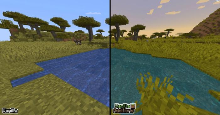 A Minecraft pond, half without filter and half with.