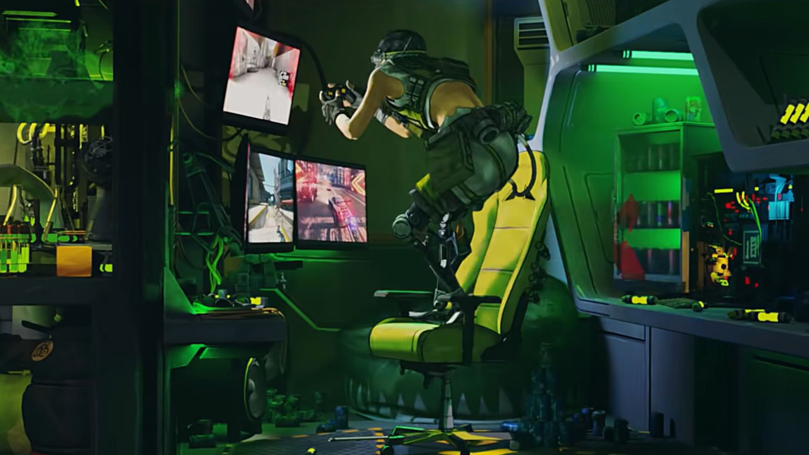 Apex Legends Octane at his computer on the dropship. Season 3 Meltdown Launch Trailer