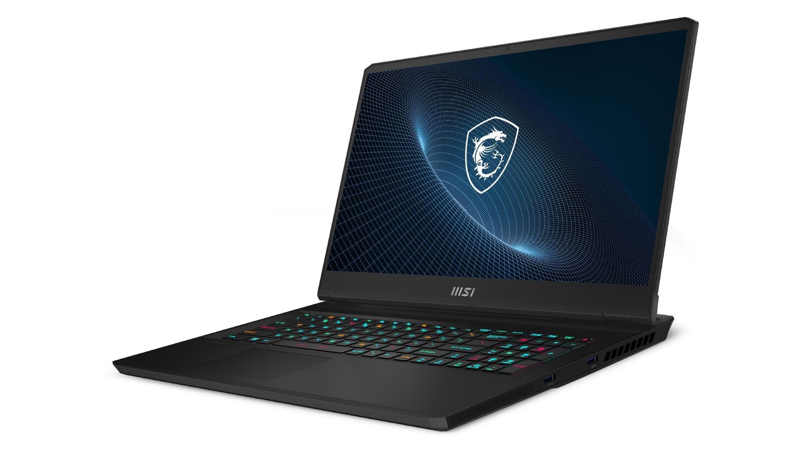 MSI Vector GP76 product image of a black laptop featuring blue, red, and orange backlit keys and MSI branding in white on a blue background on the display.