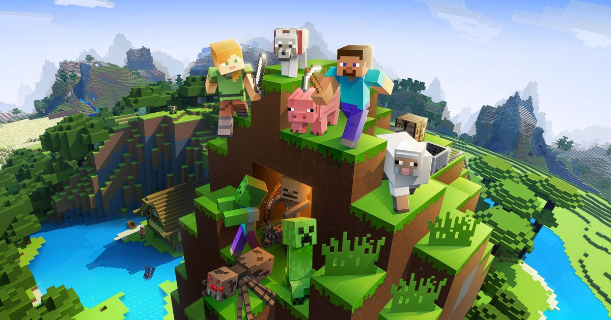 A mountain top in minecraft with several characters, animals, and mobs standing at the top.