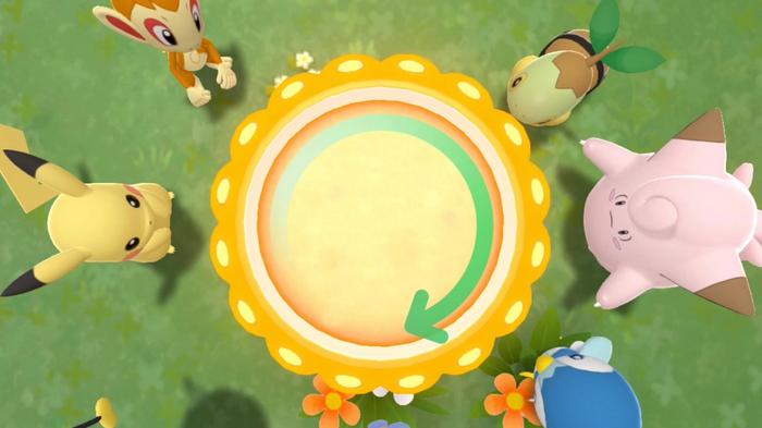 A player is making a Poffin surrounded by Pikachu, Clefairy, Chimchar, Piplup and Turtwig in Amity Square of Pokémon Brilliant Diamond and Shining Pearl.