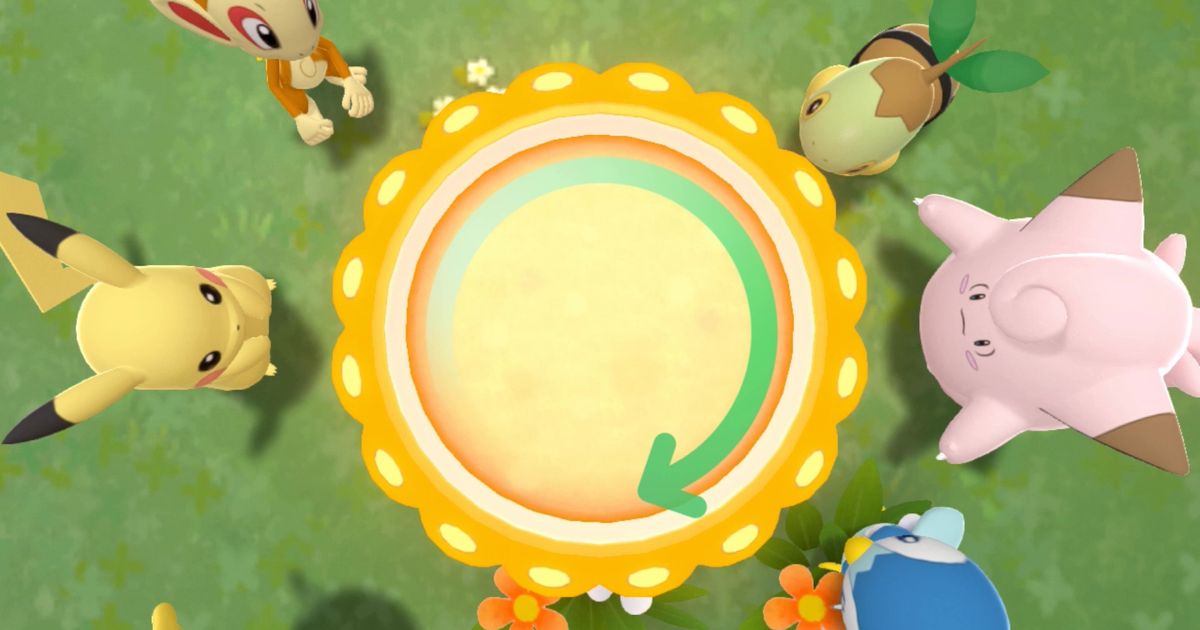 A player is making a Poffin surrounded by Pikachu, Clefairy, Chimchar, Piplup and Turtwig in Amity Square of Pokémon Brilliant Diamond and Shining Pearl.