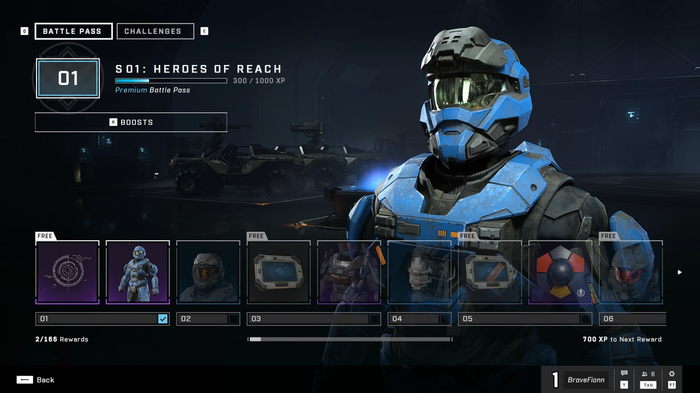 The Halo Infinite battle pass showing various tiers.