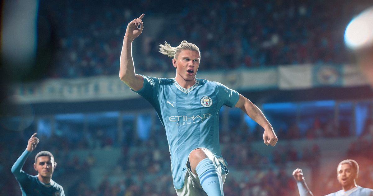 Screenshot of EA Sports FC 24 Erling Haaland celebrating with Manchester City players in background