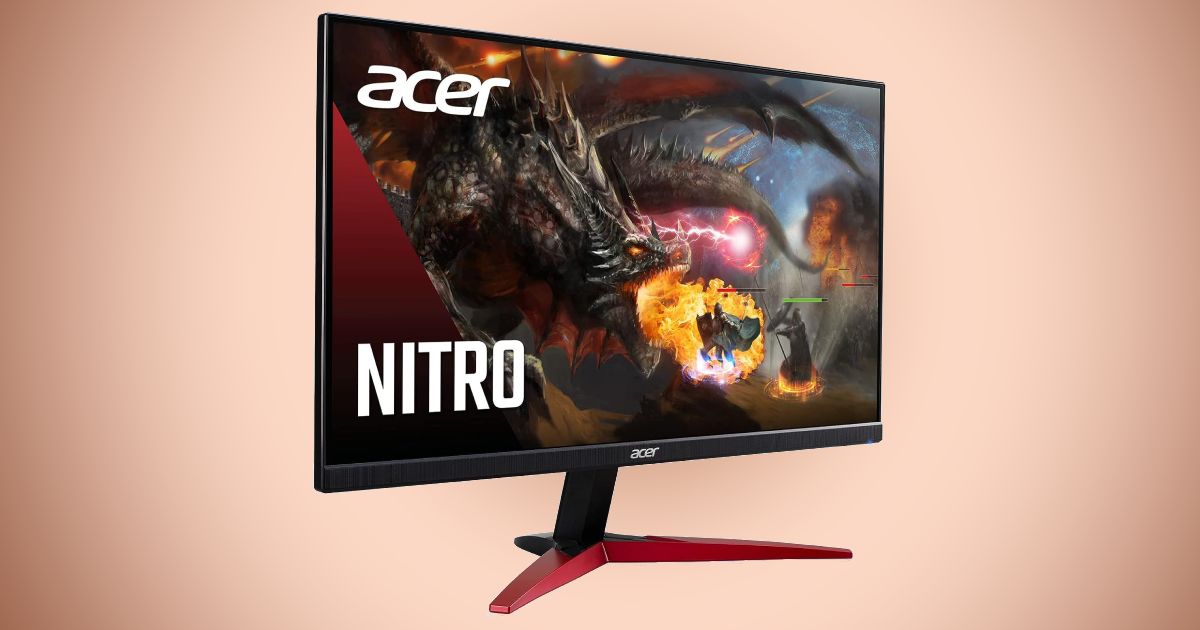 A black near-frameless monitor with red trim featuring an image of a dragon breathing fire on the screen.