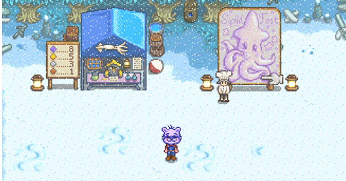Stardew Valley player standing in snow at SquidFest