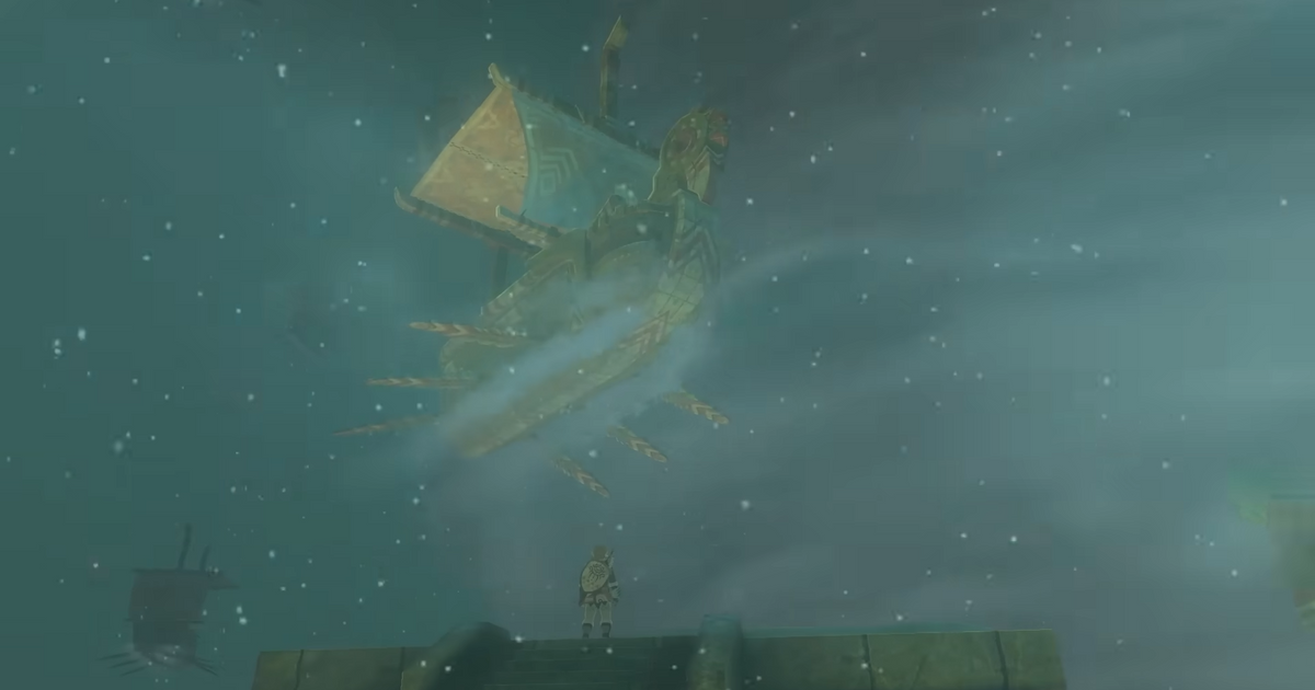 Link looking up at a floating ship in Zelda Tears of the Kingdom.