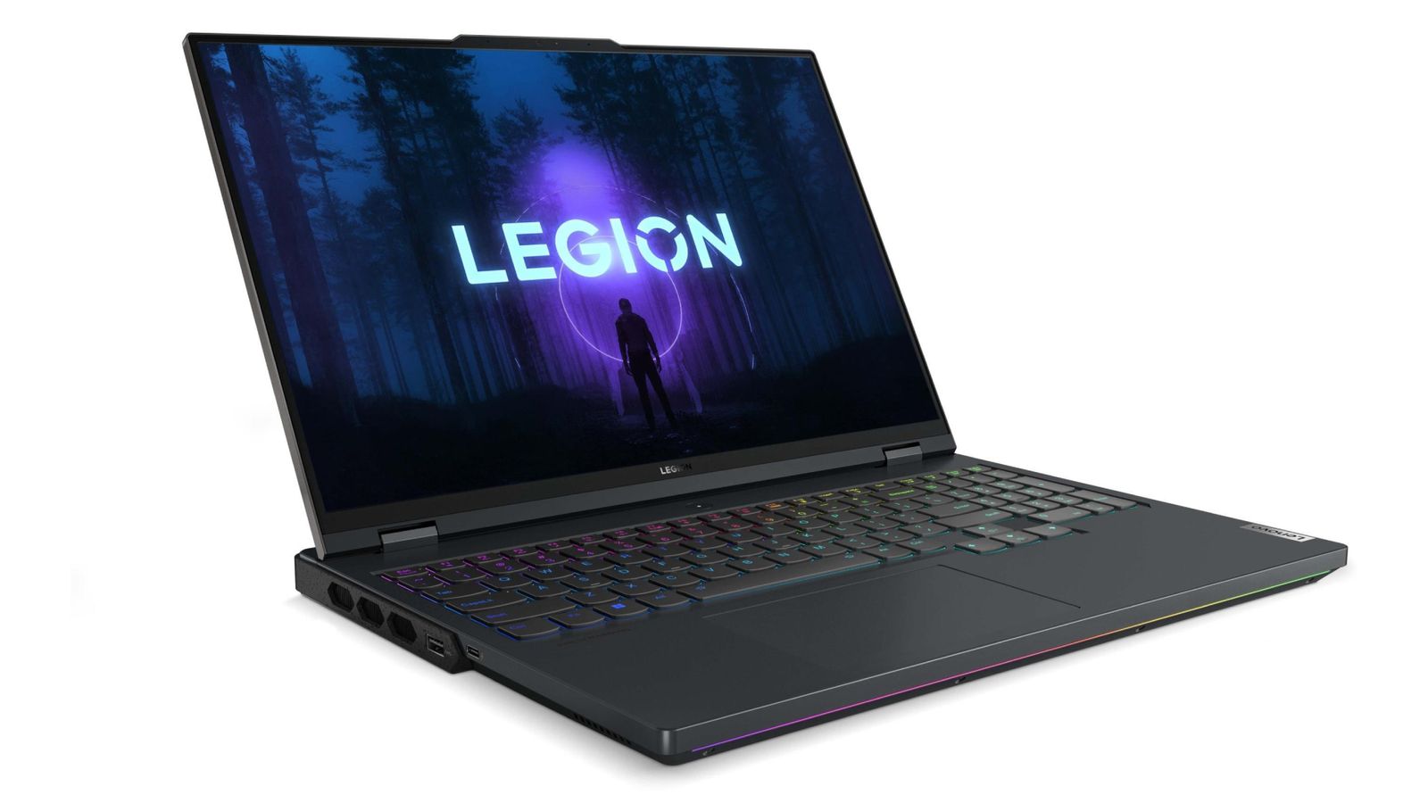 Best Starfield gaming laptop - Lenovo Legion 7i product image of a black gaming laptop featuring multicoloured backlit keys and a graphic of someone in a dark forest below Legion branding on the display.