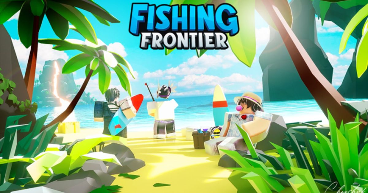 Key art for Fishing Frontier featuring a sunny beach and some Roblox characters.
