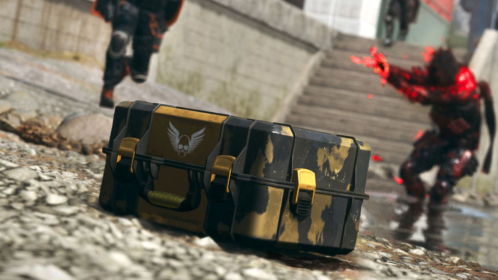 Warzone weapon case with player wearing red Operator skin in background