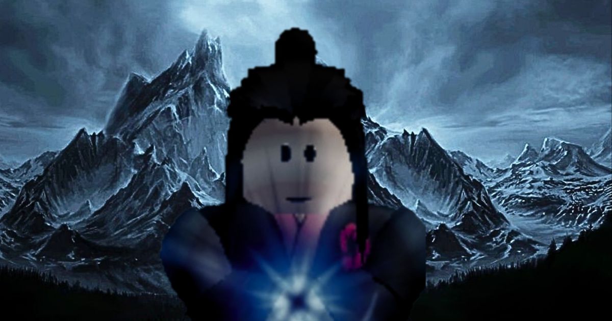 Roblox character holding a magic orb against a backdrop of dark mountains