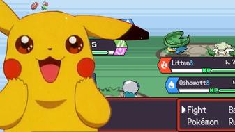 Pikachu excitedly reacting to PokeRogue gameplay