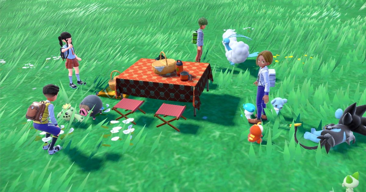 Pokemon and trainers having a picnic in Pokemon Scarlet and Violet