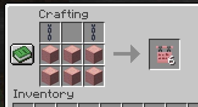 The recipe for Hanging Signs in Minecraft. 6x stripped logs and 2x chains.