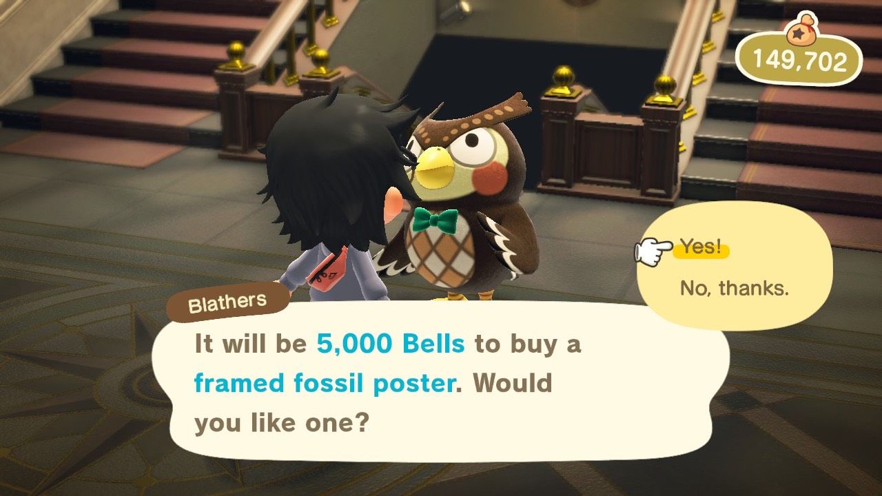 A player speaking to Blather's about buying a framed fossils poster for 5,000 bells in the museum, in Animal Crossing: New Horizons.