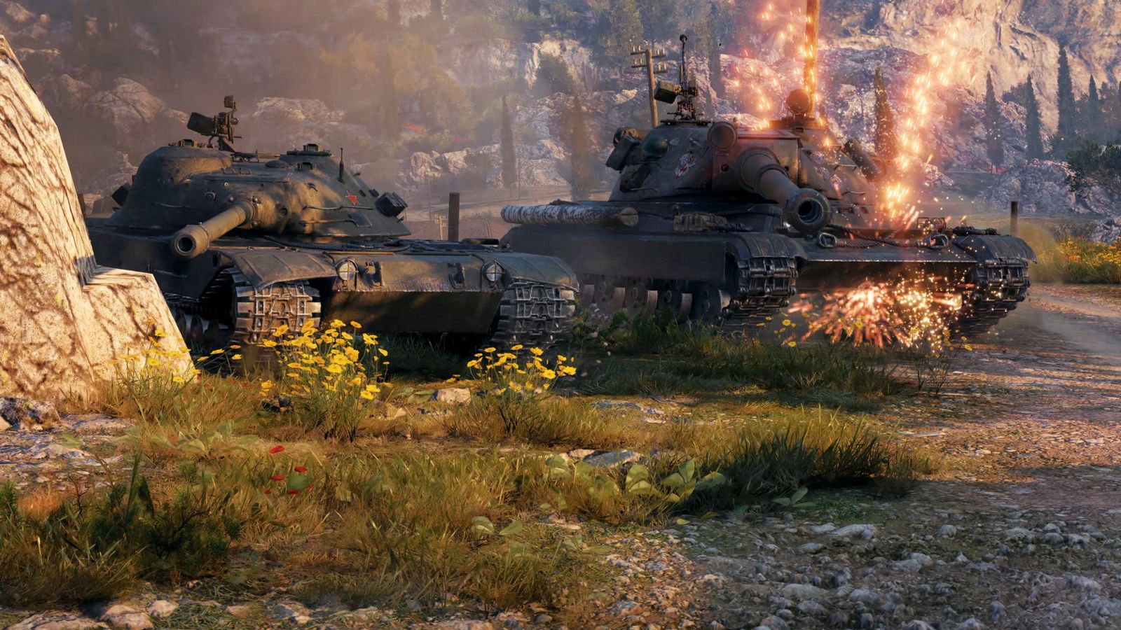 Image of two tanks in a forest in World of Tanks.