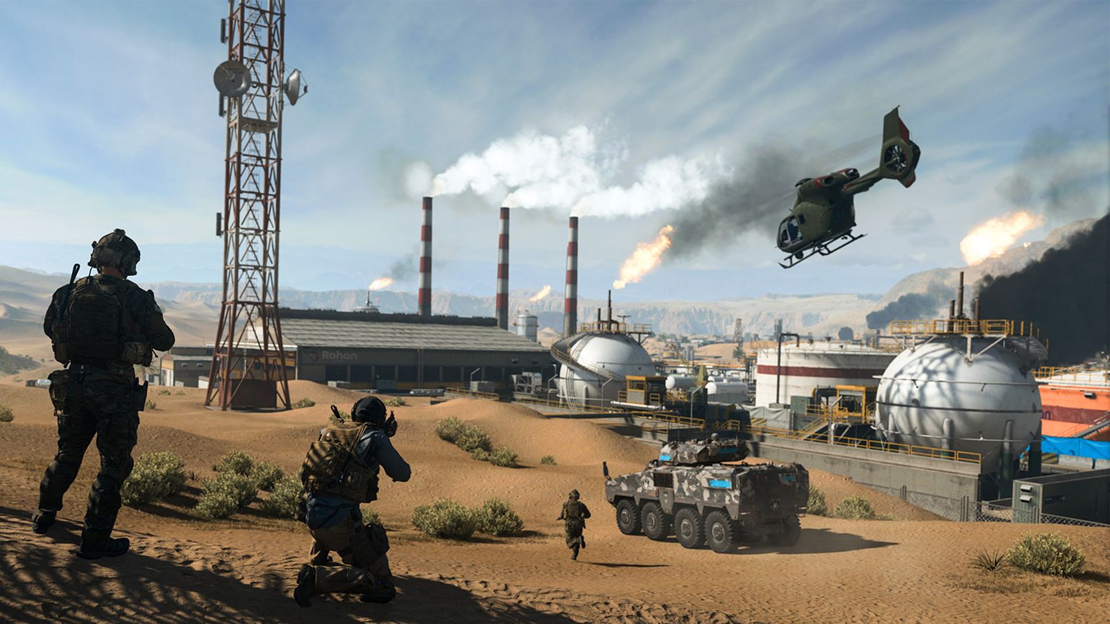 Screenshot of Modern Warfare 2 players standing near building while vehicles move in front of them and in the air