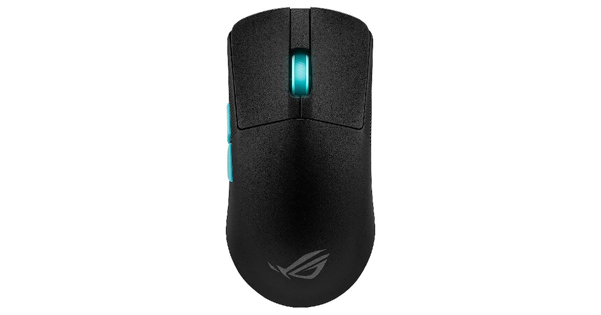 ASUS ROG Harpe product image of a wireless black mouse featuring a light blue scroll wheel.
