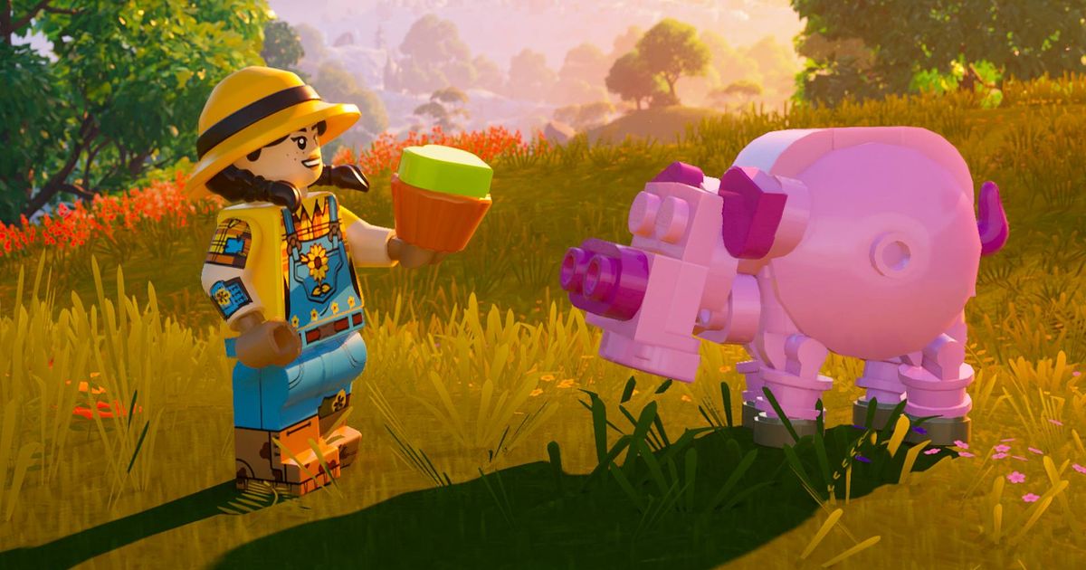 Farmer feeding a pig in Lego Fortnite