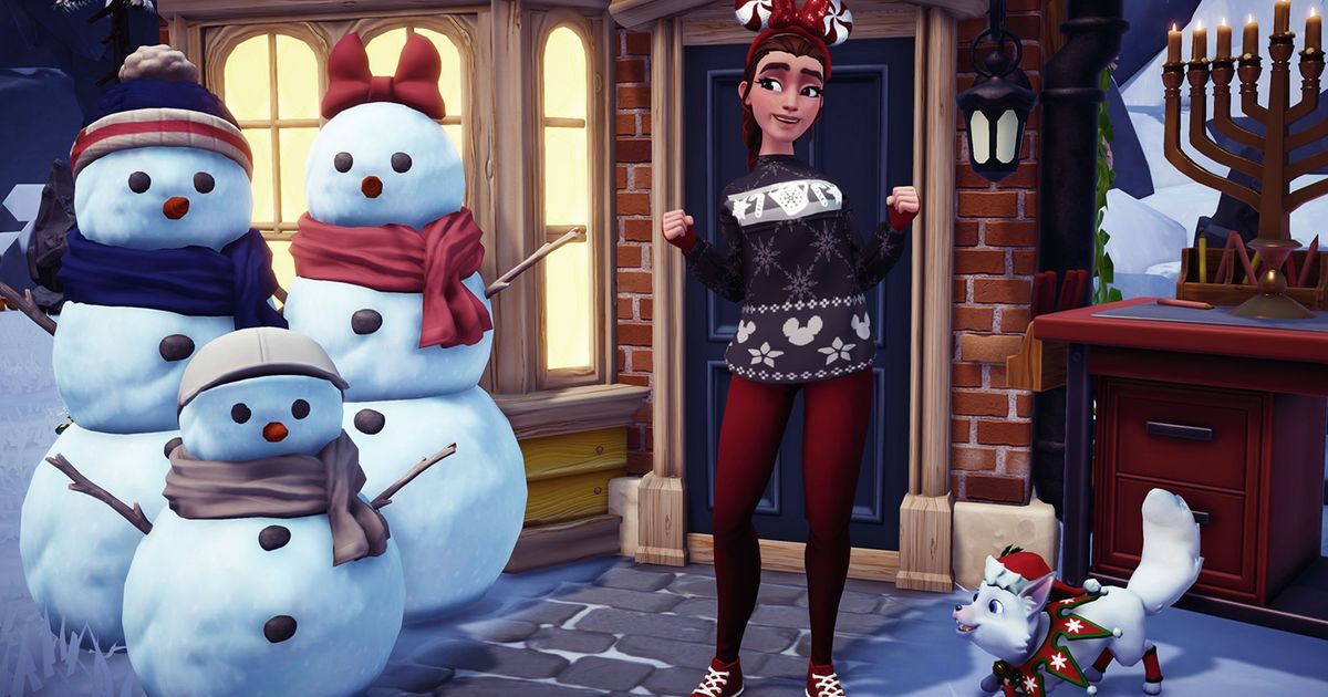 Disney Dreamlight Valley character wearing festive clothes near snowmen