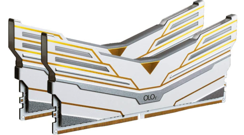 OLOy Warhawk Aura product image of a white, grey, and gold wing-shaped RAM.