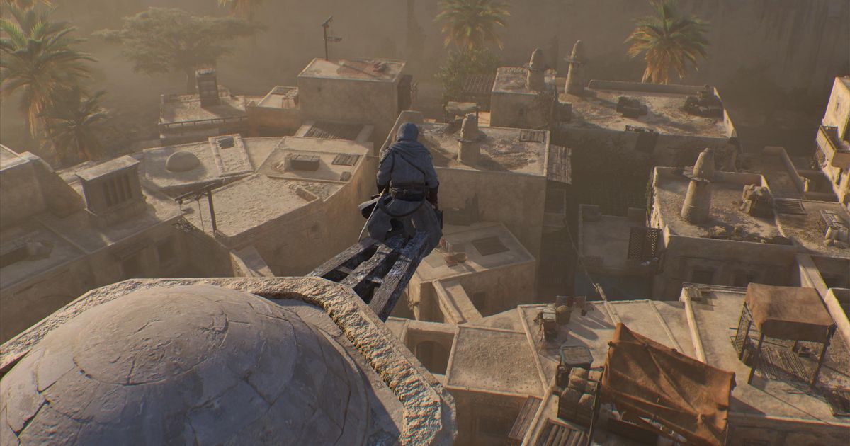 An image from Assassin's Creed Mirage showing the main character perched on a rooftop viewpoint