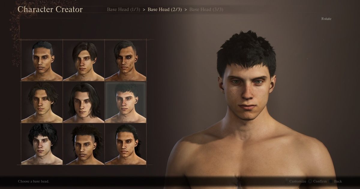 A screengrab of Dragon's Dogma 2's character creation screen, showing a some default head options for a male Arisen.