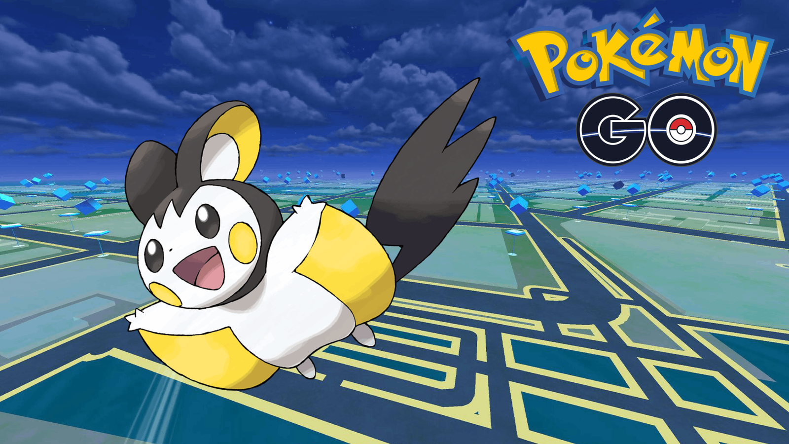 emolga flying on pokemon go background with pokemon go logo