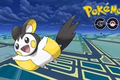 emolga flying on pokemon go background with pokemon go logo
