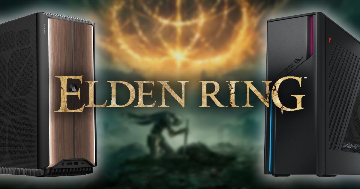 The Elden Ring logo in gold in front of the cover art with a PC on either side of it.