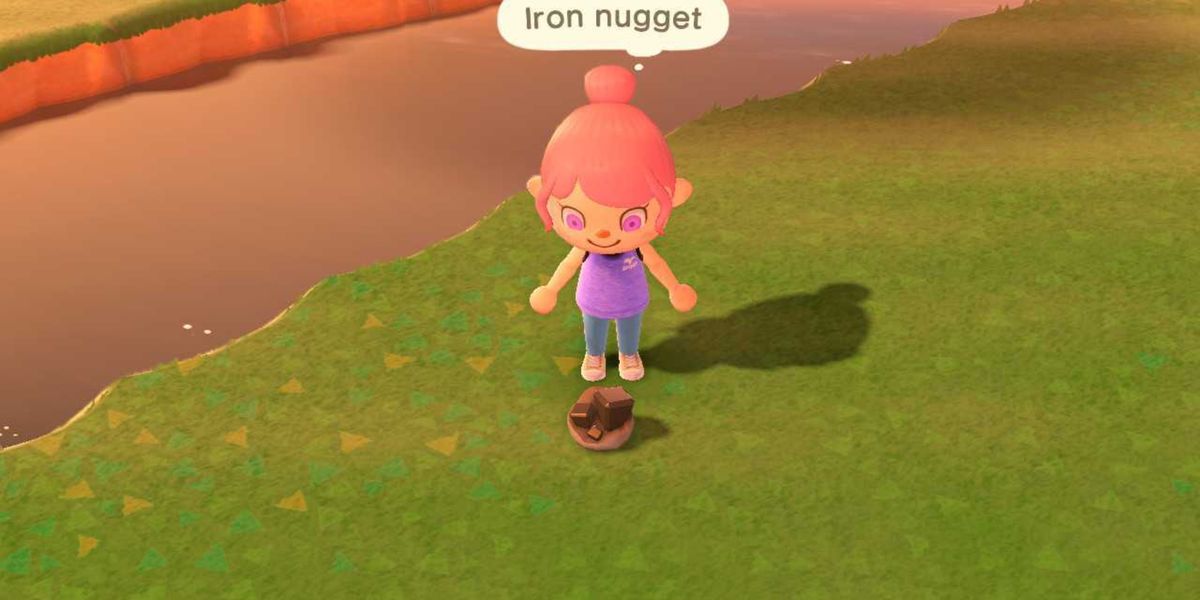 Animal Crossing New Horizons. The player is looking down at an Iron Nugget on the ground. There is a thought bubble above the players' head that says Iron Nugget.