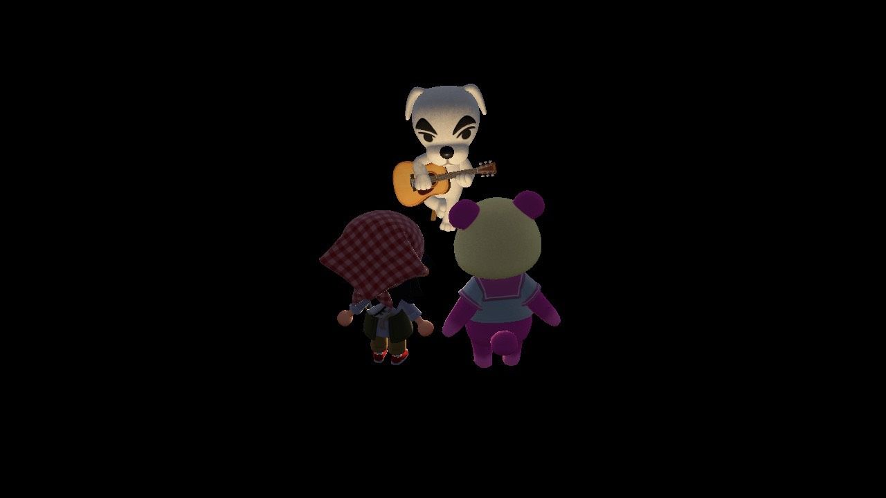 A player and villager watching a KK Slider concert in Animal Crossing: New Horizons.