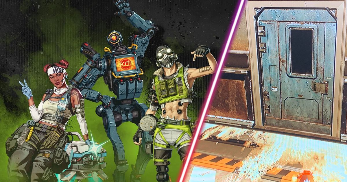 Apex Legends players posing on green background and locked firing range door